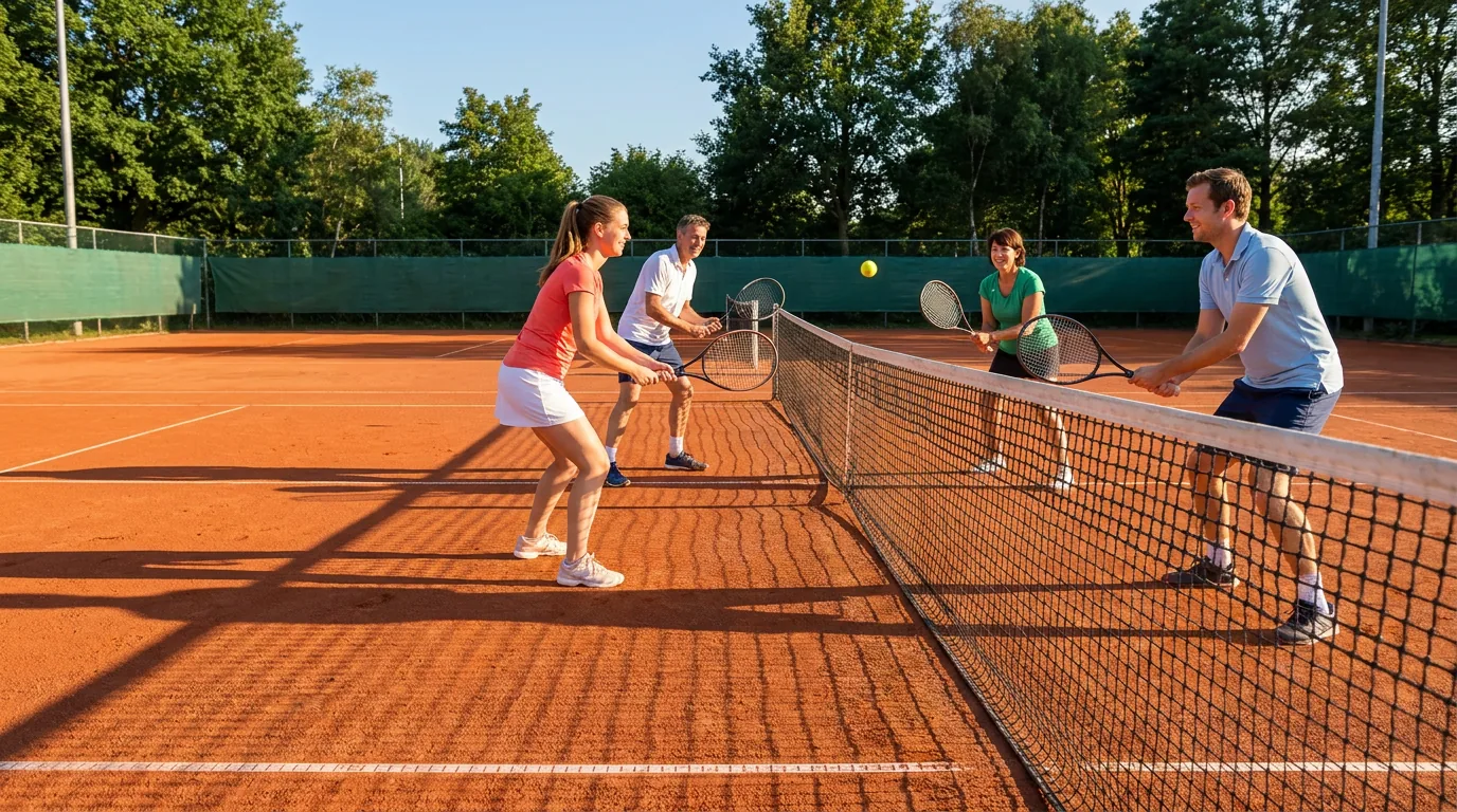 Vier tennissers in een dubbelrally op een gravelbaan, de bal boven het net