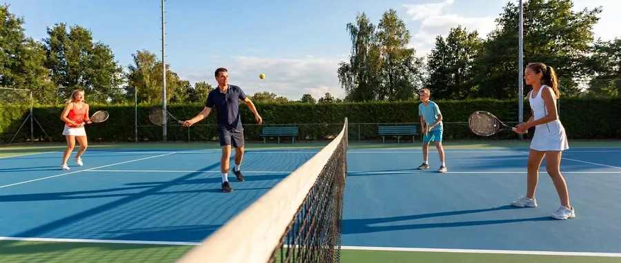 Een ouder en twee kinderen spelen samen een dubbelpartij op hardcourt, de bal net over het net