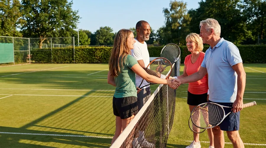 Vier spelers geven elkaar na de wedstrijd een hand over het net
