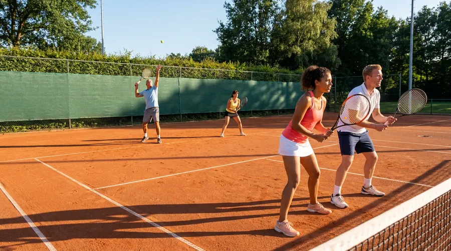 Twee dubbelpartners staan samen aan het net terwijl een speler aan de overkant serveert