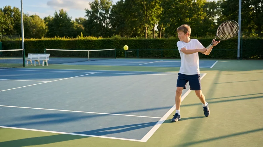 Een jonge speler slaat een forehand, de bal vliegt net over het net het veld in