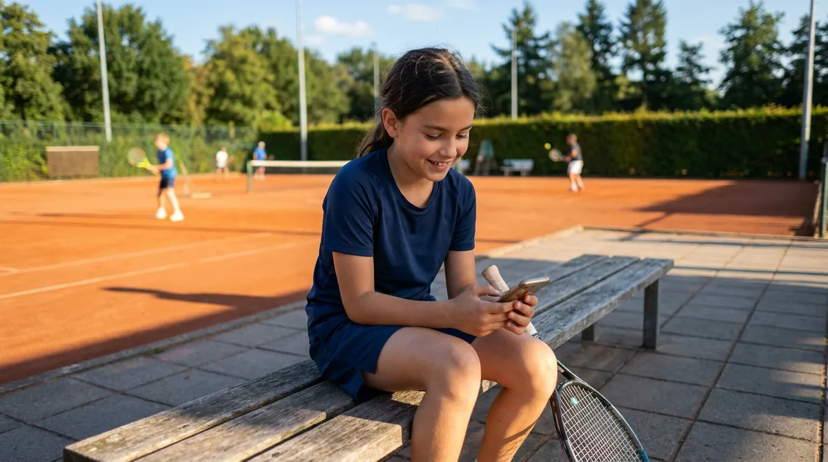 Een jonge tennisser zit op een bank naast de baan met een telefoon, het racket naast zich
