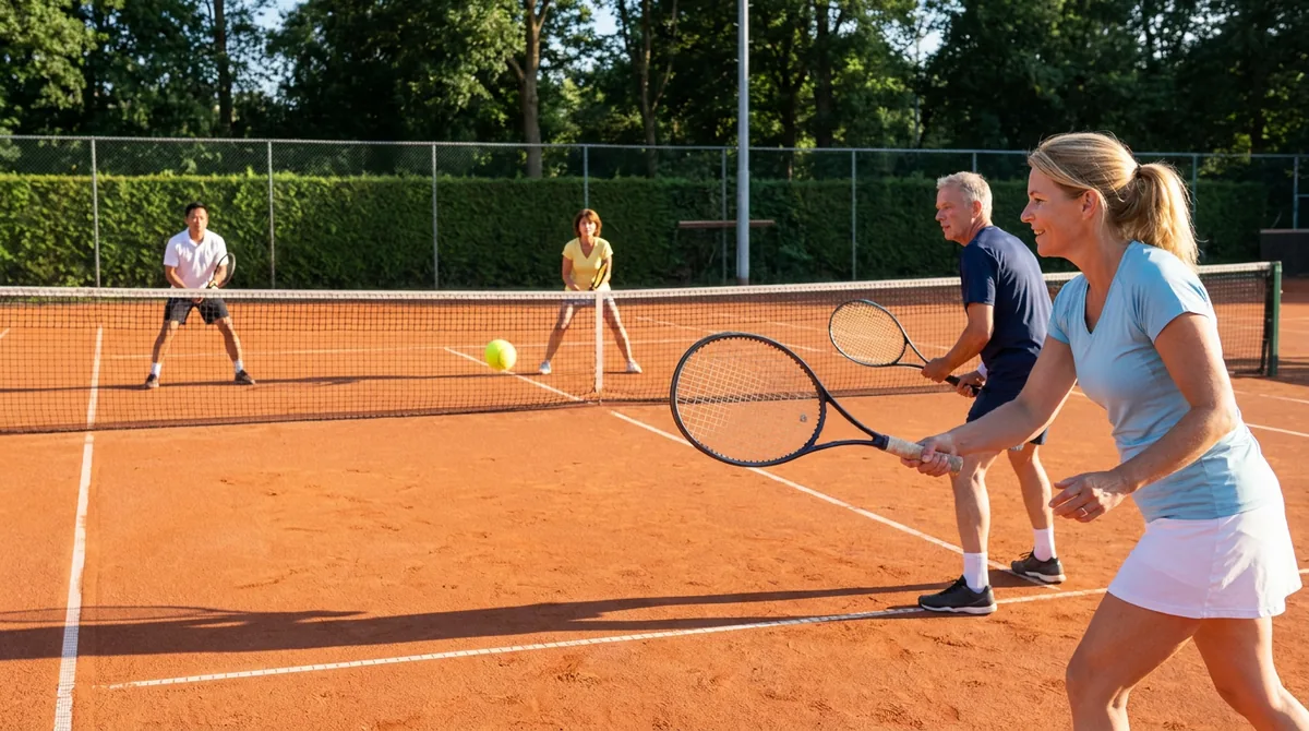 Een speler slaat een forehand terwijl zijn dubbelpartner klaarstaat aan het net