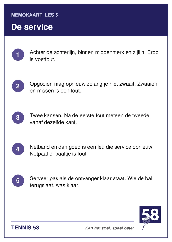 Memokaart van les 5 met de vijf punten over de service